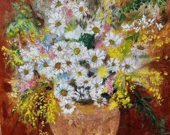 Daisy Oil Painting, original mid century floral still life