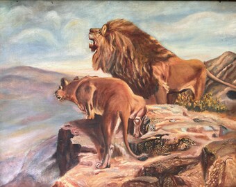 Lions on a mountain, Antique Oil Painting by I.C. Hively, 1888