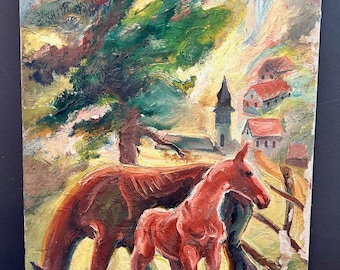 Mid Century Original Oil Painting of Young Horse and Mother, Klara Eisel Ruhland
