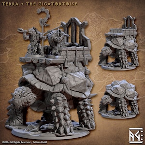 May include: A grey, detailed miniature of a giant tortoise carrying a stone structure with two figures on top. The structure has a stone archway and a flag with a circular design. The tortoise has a textured shell and is standing on a circular base.