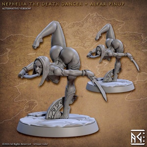 May include: A gray 3D printed miniature of a female figure in a contorted pose, holding a dagger in her mouth. The figure is standing on a circular base with runes inscribed on it. The text "Nephelia the Death Dancer + Alfar Pinup" is visible at the top of the image.