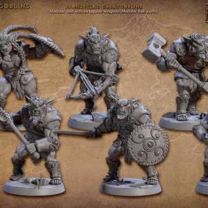 May include: Six grey plastic miniature figures of Greatgoblins, a fantasy race, with various weapons and poses. The figures are part of a modular unit with swappable weapons. The text "Bronzeclad Greatgoblins" is visible in the image.