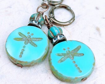 Dragonfly Earrings, Czech glass, Antique Brass Leverback Round Ear wires, Rhinestone accent, drop earrings, pale Aqua, Picasso finish