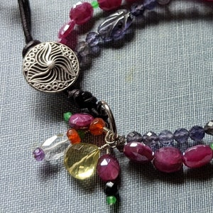 Two strand multi gemstone bracelet, leather and button adjustable closure, navy blue and magenta gemstones image 1