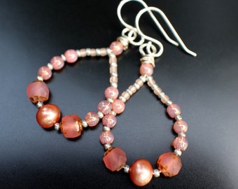 Peach Teardrop Earrings, Pearl and Czech Glass Bead Earrings, Dangle Earrings, Sterling Ear Wires, Bridesmaid Earrings, Gift for Mom
