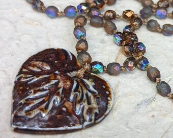 Artisan Porcelain Heart Necklace, Etched Fire Polish Beads, Hand Knotted