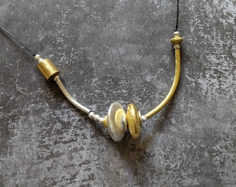 Two Tone Brushed Gold and Silver Asymmetrical Necklace