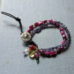 Two strand multi gemstone bracelet, leather and button adjustable closure, navy blue and magenta gemstones image 4