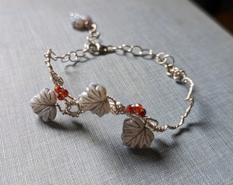 Gray Czech Leaf Bracelet, Silver Wire Garnet Gemstone Woodland Jewelry
