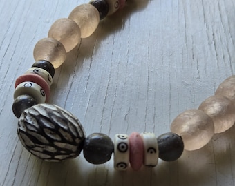 Boho Bead Necklace, Ghanaian Krobo Glass, Mala Bone, Leather Cord