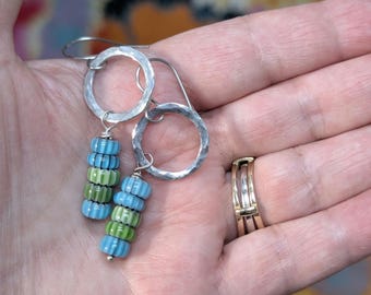Millefiori Glass Bead Drop Earrings, Hammered Aluminum Circles, Teal Blue Green Stacks