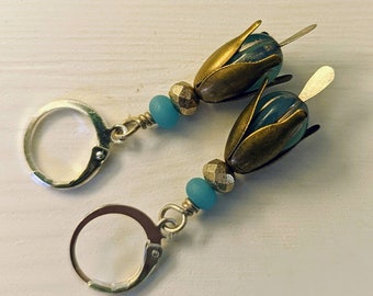 Flower Drop Earrings, Teal Blue, Brass and Silver, round lever back earwires, Romantic, Two Tone, Dangle Earrings