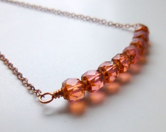 Warm Pink Cathedral Bead and Copper Necklace, Czech Glass Beads, Frosted and Not, Mother's  Day