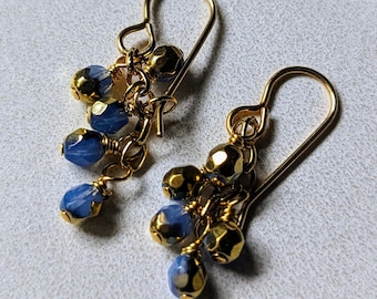 Classic Sapphire blue and gold Czech glass earrings, handmade, wire wrapped, perfect Mother's Day gift, bead cluster earrings