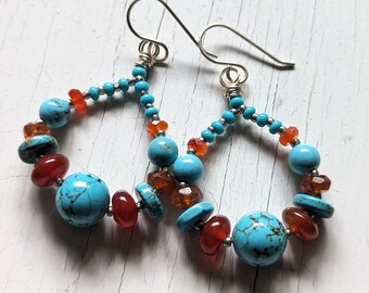 Turquoise howlite, hessonite, Carnelian dangle earrings, sterling silver ear wires,