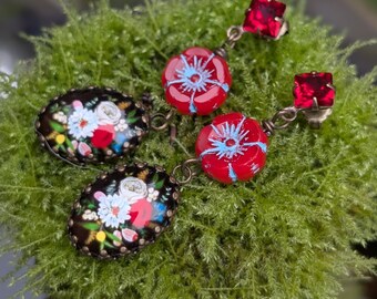 Festive dangle earrings, floral cabochon and red Czech flower with Australian crystal stud earwires.