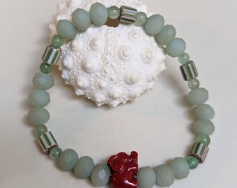 Lucky Red Elephant Bracelet, Green Glass & Nepal Chevron Beads