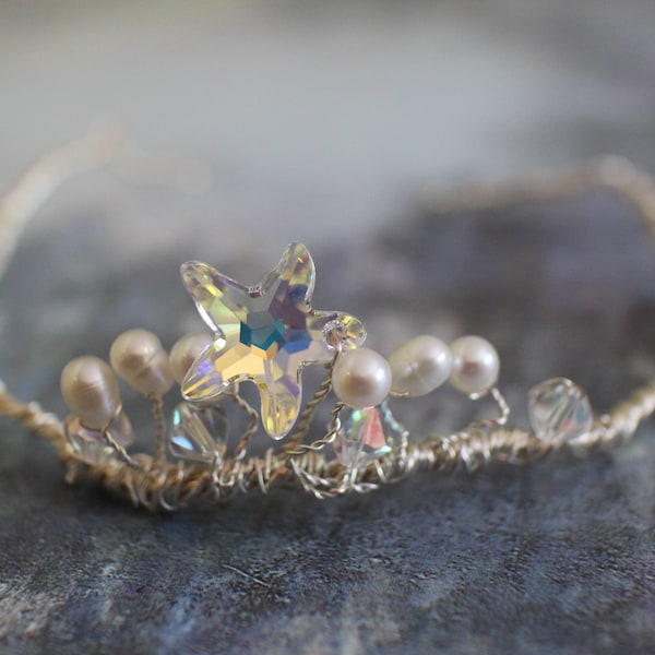 Mermaid Crown, Starfish Tiara, Bridal Mermaid Tiara, Swarovski Crystal Starfish and Pearl Wire Wrapped Tiara