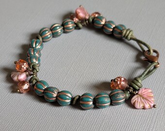 Artisan Czech Glass Beaded Bracelet, Green Knotted Leather, 8 inch