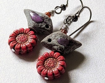 Bird and sunflower earrings, niobium hypoallergenic ear wires, artisan ceramic birdies who flew in from Poland, perfect gift for Mom