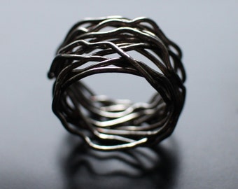 Wire Wrapped Ring, Sterling Silver, Oxidized, Wild Wire Wrapping, Men's Ring, Unisex Ring, Statement Ring, Size 8.5