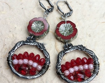 Red flower  beaded earrings, wire wrapped beaded artisan pewter components, Pink and red  Czech glass beads, feminine dangle  earrings.