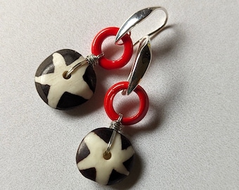 African Batik Bone Earrings, Red Glass Ring, Silver Drop Earwires