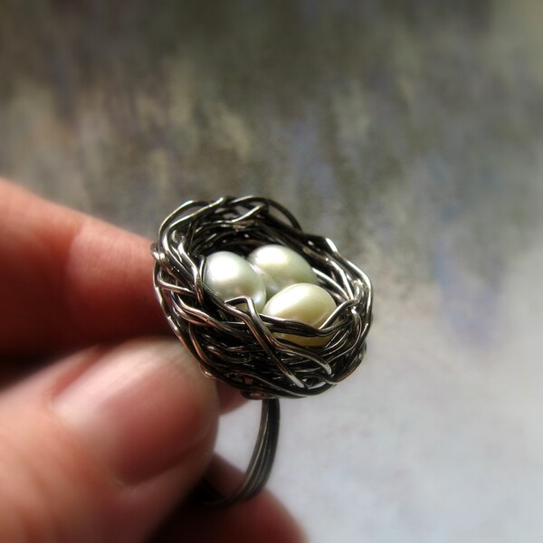 Handmade Oxidized Sterling Silver Bird's Nest Ring with Freshwater Pearls
