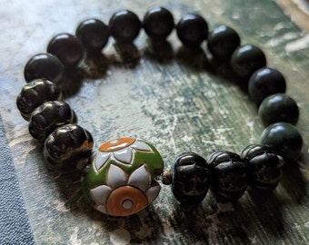 Sunflower Jasper Stretch Bracelet, Czech Glass Cruller Beads