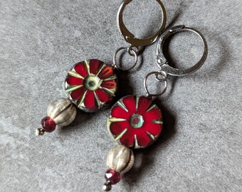 Czech glass dangle earrings, cherry red and grey, faceted garnet gemstone accent, perfect gift for Mom, Round earwires