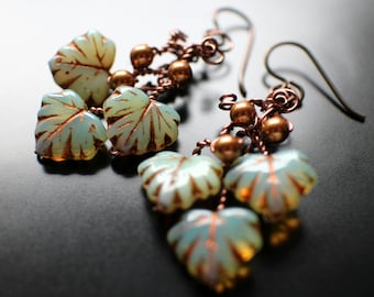 Falling Leaves Earrings, Copper Swarovski Pearl and Sage Green Translucent Czech Glass with Copper Accents , Hypoallergenic Niobium Ear Wire