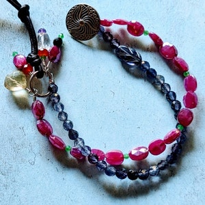 Two strand multi gemstone bracelet, leather and button adjustable closure, navy blue and magenta gemstones image 2