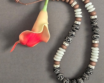 Terracotta Mali Clay Beaded Necklace, Ethnic Bone Glass Necklace