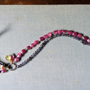 Two strand multi gemstone bracelet, leather and button adjustable closure, navy blue and magenta gemstones image 5