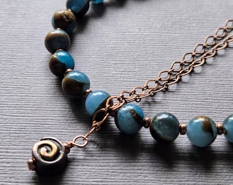 Impression Jasper Beaded Necklace Set, Copper Chain, Teal Turquoise Jewelry