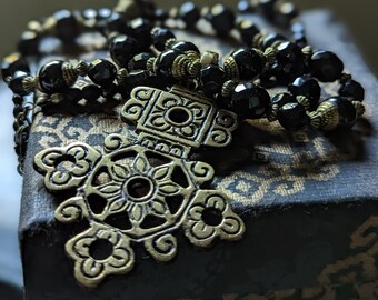 Stunning Large brass Ethiopian Cross long Necklace, with Black Onyx brass capped Tibetan beads from Nepal, and Czech Glass faceted beads