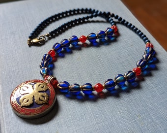 Double Dorjee pendant necklace, Brass, Coral and Lapis pendant, Czech Glass beaded Necklace