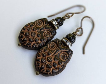 Owl Earrings, Czech glass owls, Black and copper and bronze dangle earrings, nature earrings, gift for her