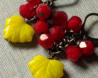Garnet Red Bead, Lime Green Leaf Earrings, Gunmetal Earwires,Cheerful Dangle Earrings, January Birthday, Gift Box, Free USA Shipping