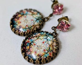 Floral Cabochon Drop Earrings, Pink Australian Crystal, Vintage Style