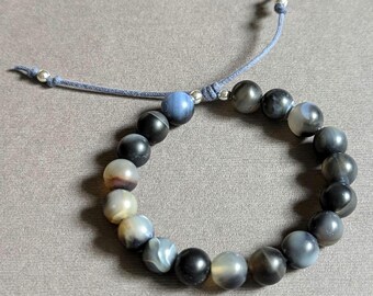 Stormy Blue Agate Bead Bracelet, Adjustable Waxed Linen Cord