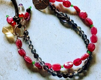 Multi Gemstone Leather Bracelet, Magenta, Emerald, Iolite