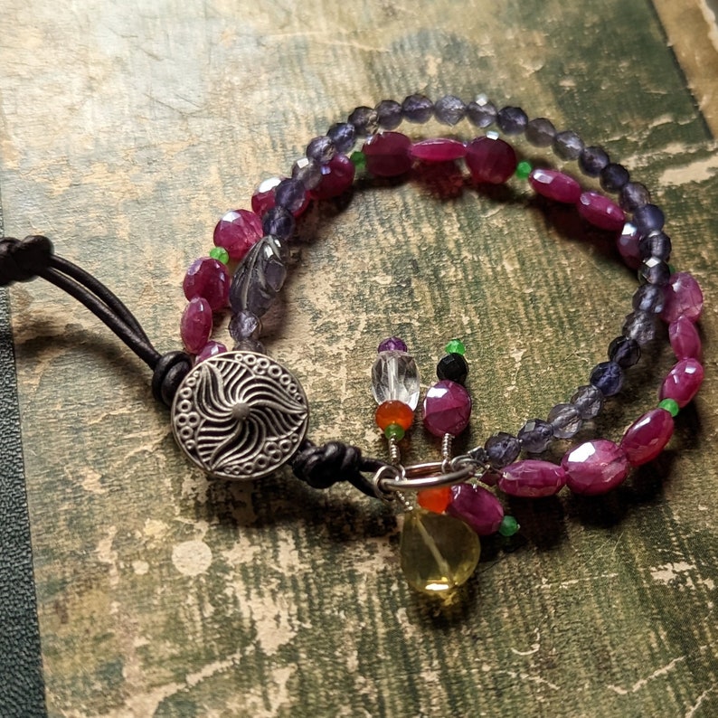 Two strand multi gemstone bracelet, leather and button adjustable closure, navy blue and magenta gemstones image 3