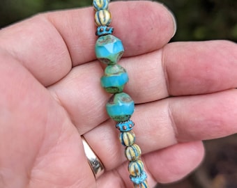 Czech Glass Bracelet, Aqua Bisque Picasso Beads, Patina Brass Clasp