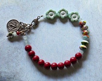 Red Czech Bead Bracelet, Aqua Flower Accents, Adjustable