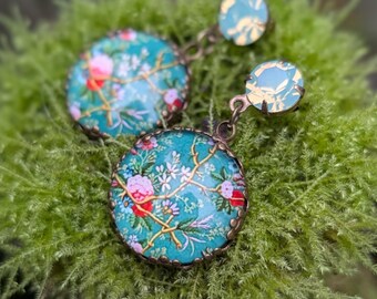 Floral Cabochon Earrings, Aqua Pink Red, Preciosa Crystal, Surgical Steel