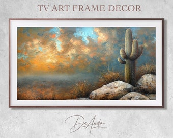 Frame Tv Pintura Art Déco / Descarga digital Archivo de arte / Cactus solitario contra el telón de fondo de un vasto cielo