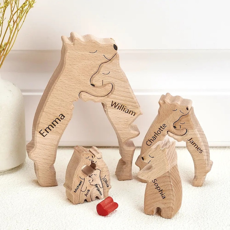 Custom Wooden Bear Family Name Puzzle - Personalized Gift For Kids, Family Keepsake