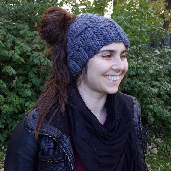 Messy Bun Hat Basket Weave Original Pattern Hand Knit Etsy