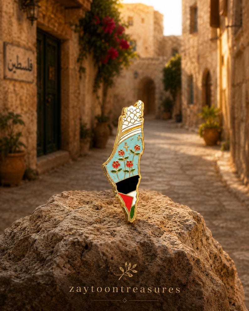May include: A gold-toned metal enamel pin shaped like the map of Palestine. The design features a white keffiyeh pattern at the top, a light blue middle section with red flowers, and a bottom section with black, white, green, and red colors.